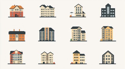 Set of Twelve Unique Illustrated Building Designs Featuring Various Styles of Residential and Commercial Architecture in a Flat Design Aesthetic