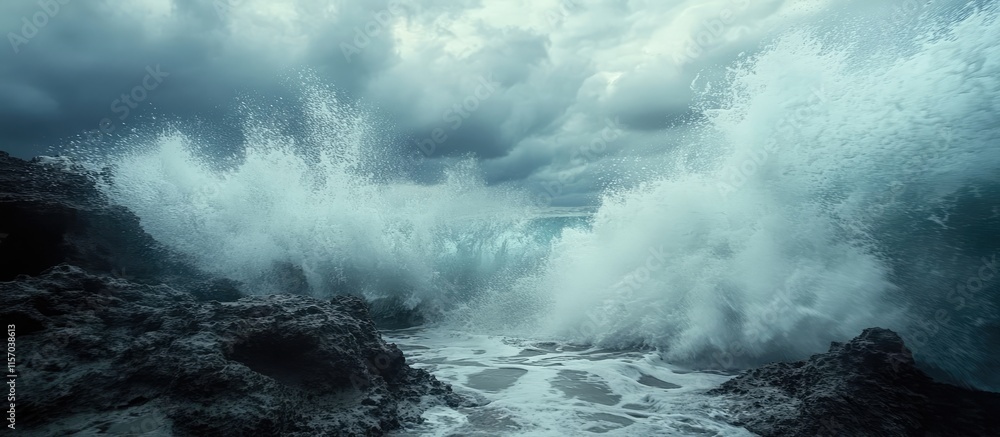 Aufkleber Dynamic ocean waves crashing against rugged rocky shoreline under a dramatic cloudy sky creating a powerful natural scene.
