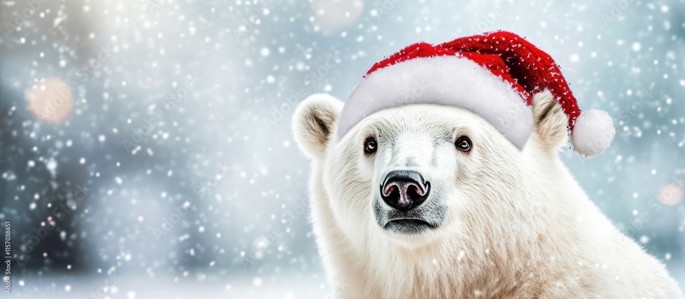 Poster festive polar bear wearing a christmas hat in a snowy landscape with soft bokeh lights creating a wi
