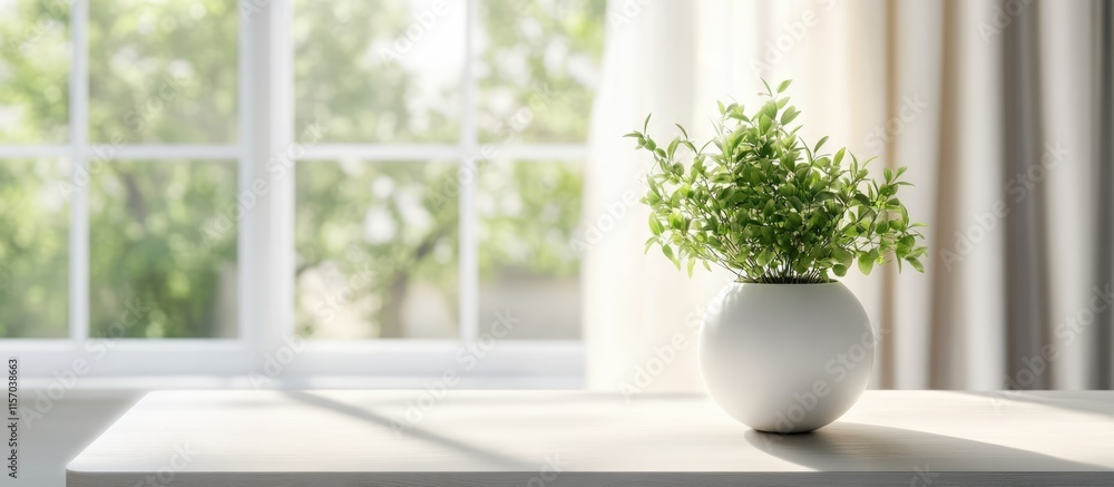 Poster bright white table adorned with a potted plant against a softly blurred home interior with natural l