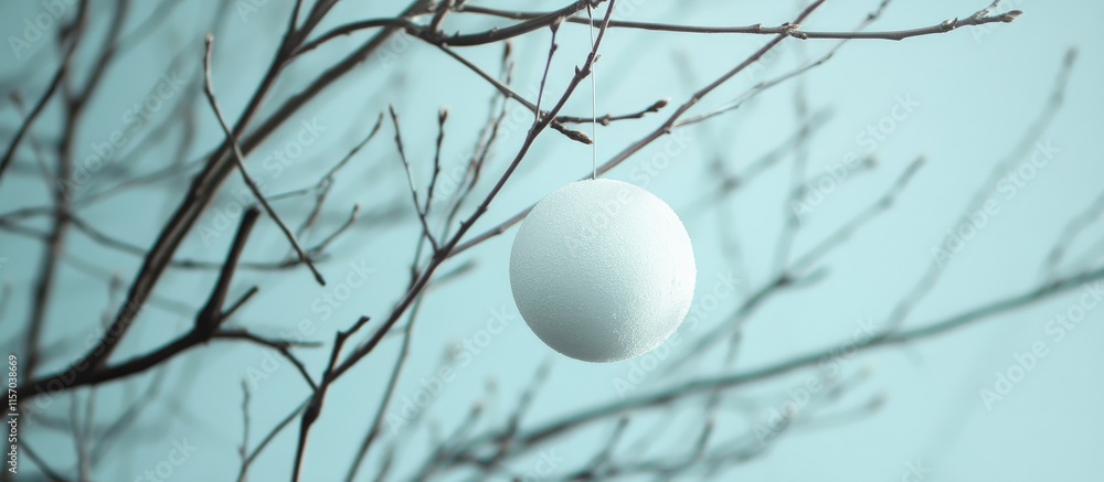Poster suspended white sphere on intricate bare branches against a soft turquoise backdrop creating a seren