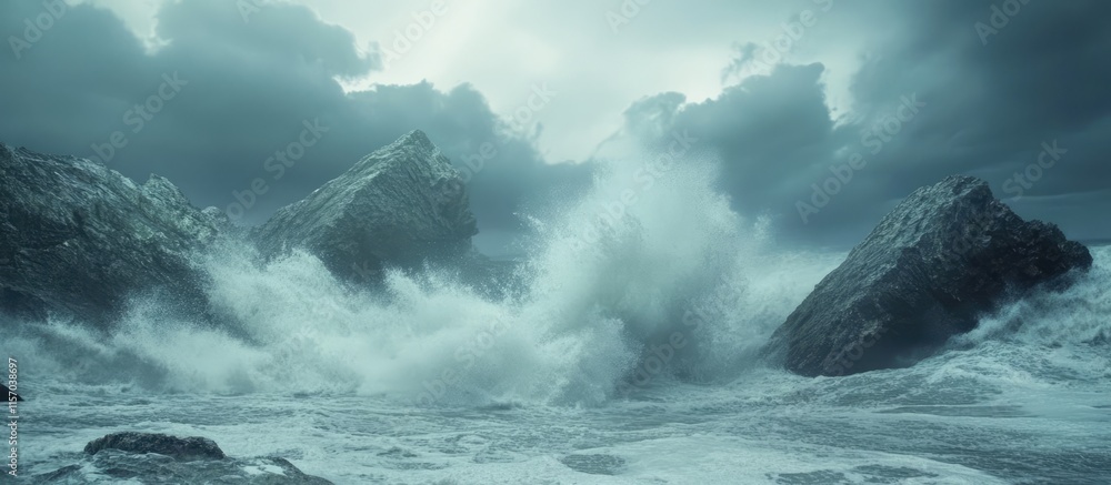 Poster dramatic waves crashing against rugged rocks on a stormy beach with dark clouds overhead and intense