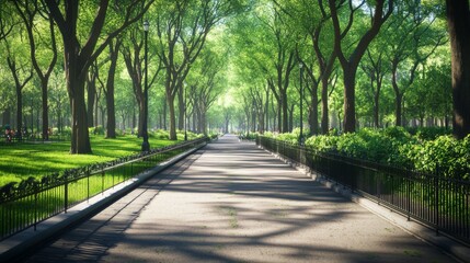 Lush green pathway in a tranquil park setting.