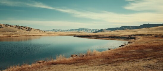 Obraz premium Serene reservoir landscape with tranquil water reflecting mountains and blue sky under soft sunlight in a rural setting during autumn.