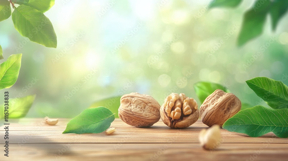 Aufkleber walnuts on wooden table surrounded by green leaves natural scenery with soft bokeh background displa