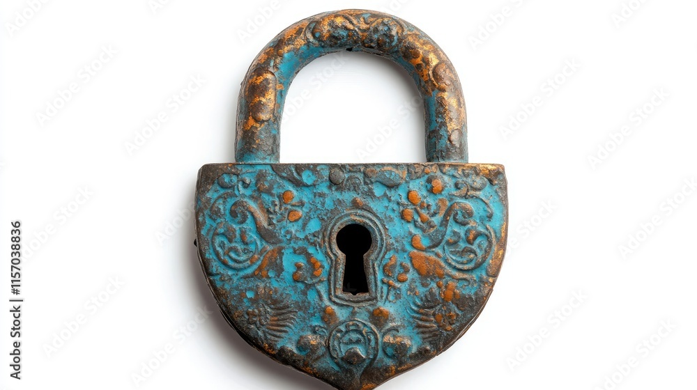 Poster antique corroded padlock with ornate keyhole detail on a stark white background showcasing vintage d