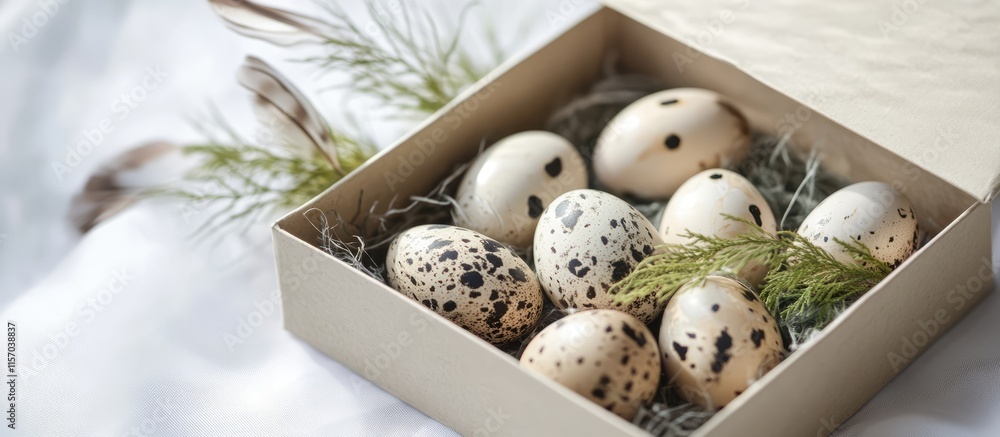 Poster easter spring still life mockup featuring decorated quail and hen eggs with feathers and greenery in