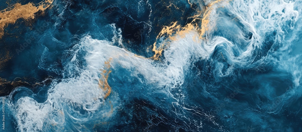 Poster Dynamic abstract waves with deep blue and gold tones creating a sense of mystery and tranquility in an oceanic landscape.