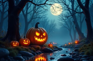 Enchanted autumn evening in spooky forest. Glowingly carved pumpkins sit by stream under misty moonlight. Spooky atmosphere. Halloween celebration in mystical forest. Nature scene. Pumpkins carved