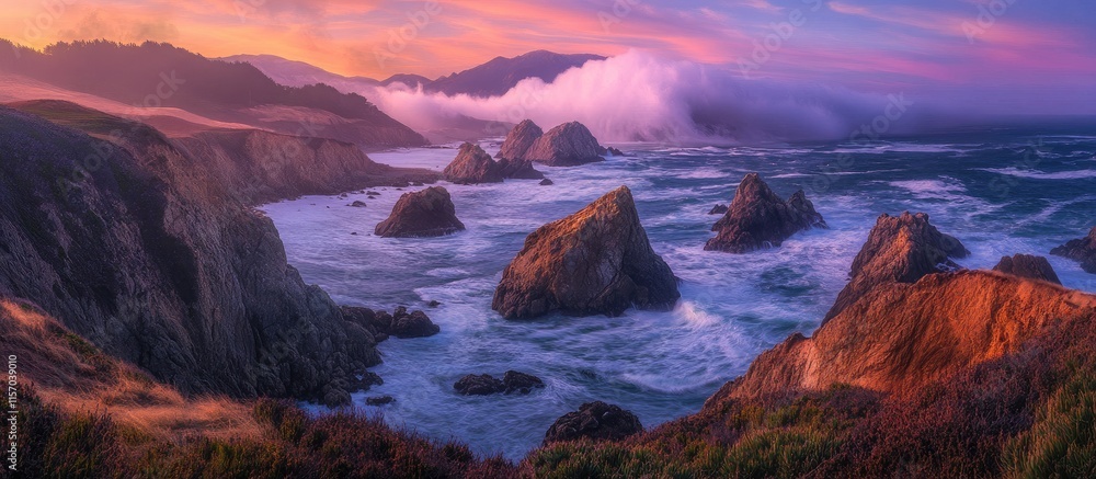 Poster Waves crashing on rocky coastline at dusk with long exposure creating a cloud-like effect over the water and landscape outlines in soft light