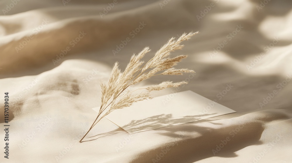 Poster elegant white invitation card mockup with dried grass on soft beige fabric background in 5x7 ratio p