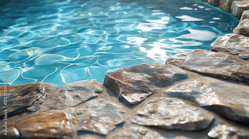 Poster Water reflection and stone texture in a swimming pool setting creating a serene and inviting atmosphere for relaxation and outdoor enjoyment