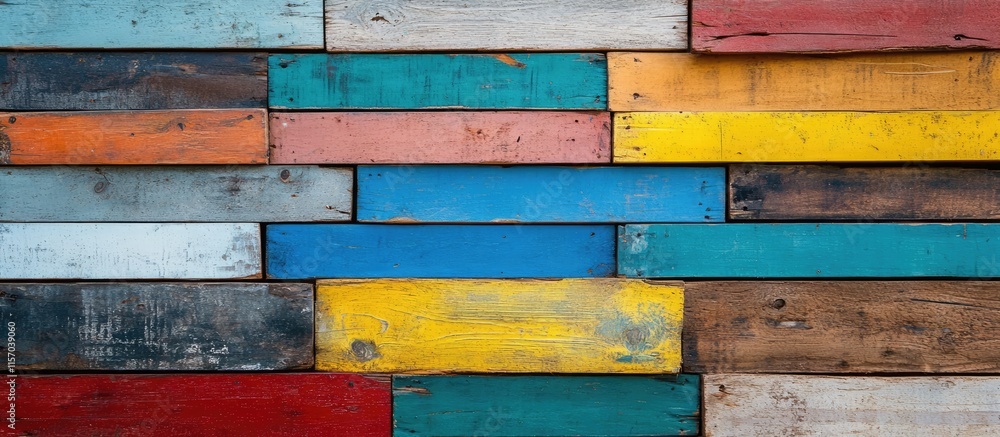 Poster colorful weathered wooden planks arranged in a rustic pattern perfect for photography backgrounds an
