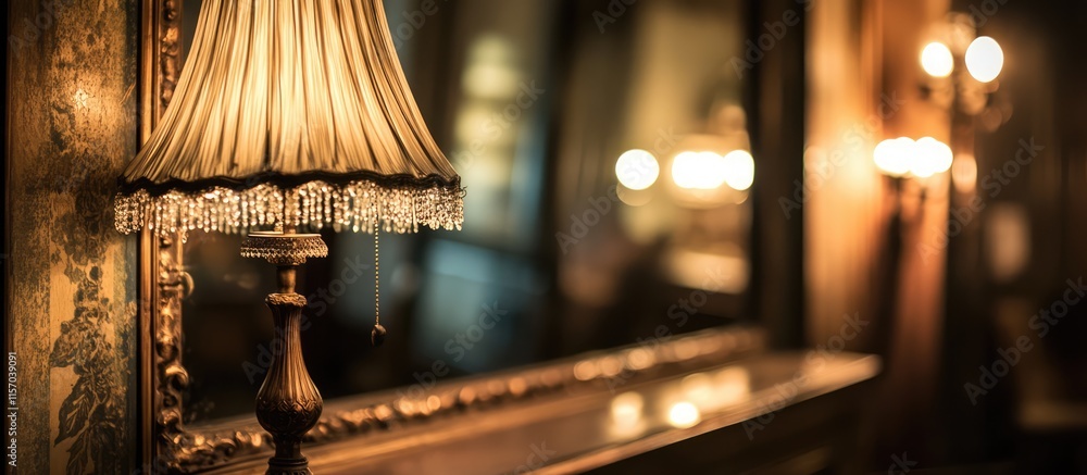 Poster vintage lamp illuminating a mirrored backdrop emphasizing classic decor and warm ambiance in a nosta