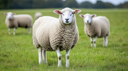 Obraz premium Sheep grazing peacefully in a lush green field showcasing rural farm life and idyllic countryside scenery.
