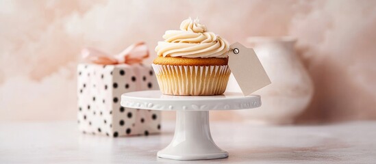 Vintage cupcake with frosting on white stand next to polka dot gift box and greeting tag on soft feminine background