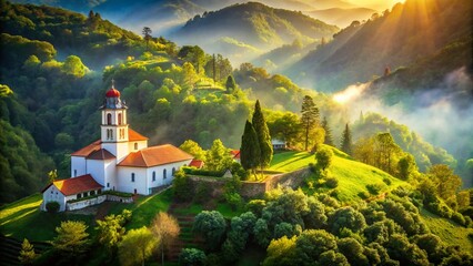 Fototapeta premium Serene Hilltop Church: Double Exposure of Faith and Nature