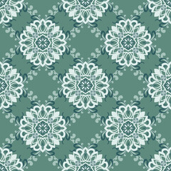 Green and white damask seamless vector background. Baroque-style pattern. Graphic ornate pattern for wallpaper, fabric, packaging, and wrapping. Damask flower ornament.

