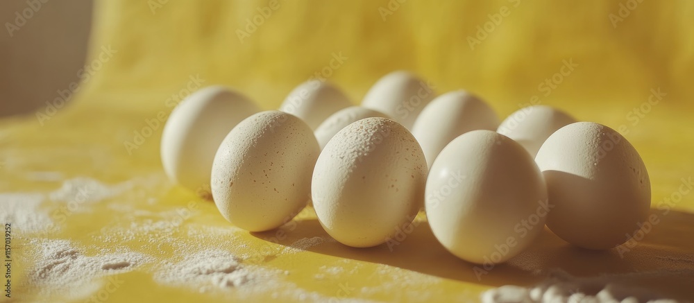 Aufkleber white eggs arranged artistically on a vibrant yellow backdrop highlighting freshness and simplicity 