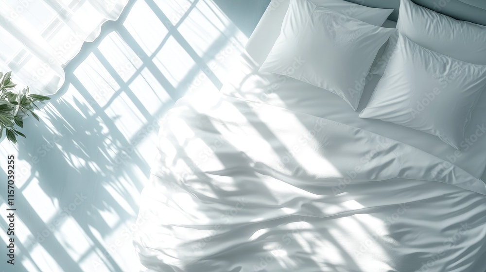 Poster minimalistic white duvet cover on a cozy bed with natural light creating soft shadows in a serene be