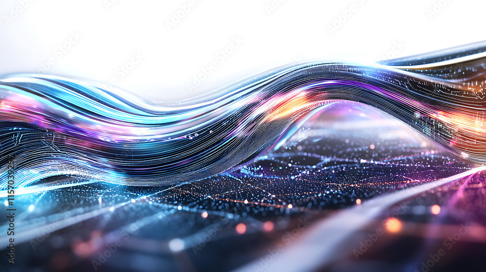 Poster dynamic waves of light and color virtual realm digital art futuristic atmosphere abstract perspectiv