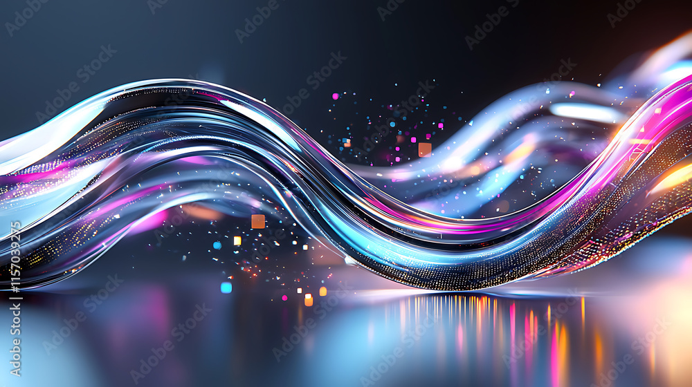 Poster dynamic flow of colorful light waves abstract art digital design modern environment close-up view en