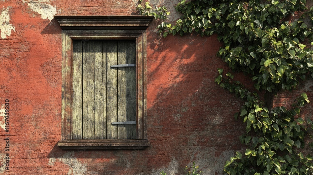 Poster rustic window on an aged red wall surrounded by green vines showcasing vintage architecture and natu