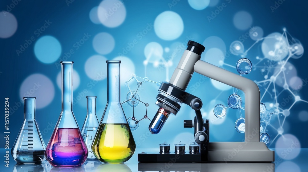 Poster microscope and colorful lab beakers in lab setting.