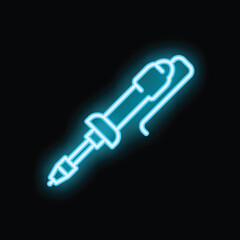 Blue neon icon of a soldering iron glowing on a dark background
