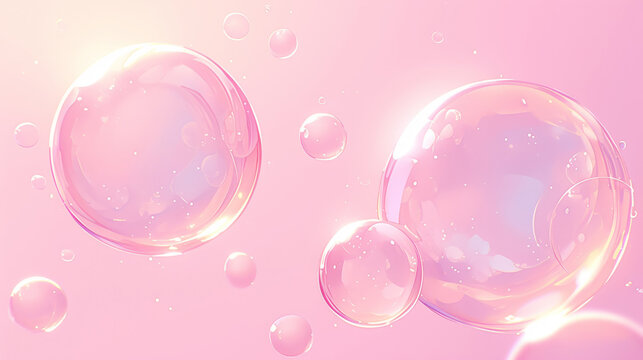 A pink background with several floating bubbles, each bubble is a different size and shape. The overall color tone of the scene is soft pastel colors.