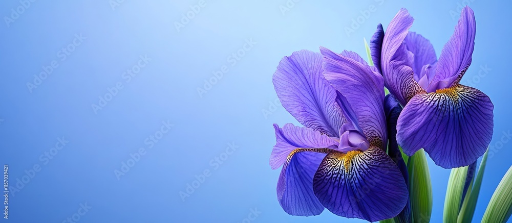 Poster vibrant violet iris flowers on a soft blue background with ample copy space for creative text or bra