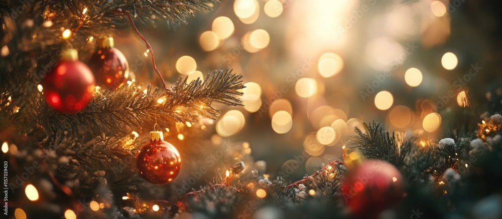 Poster warm festive bokeh background with sparkling holiday lights and ornaments creating a magical christm