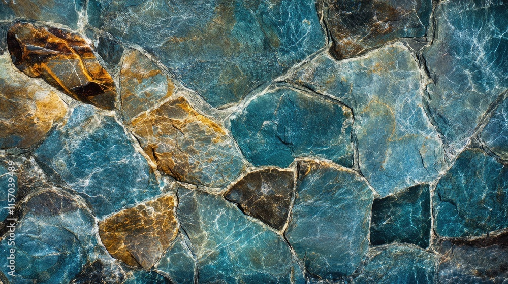Poster textured stones under shimmering water in a swimming pool highlighting the natural beauty and contra