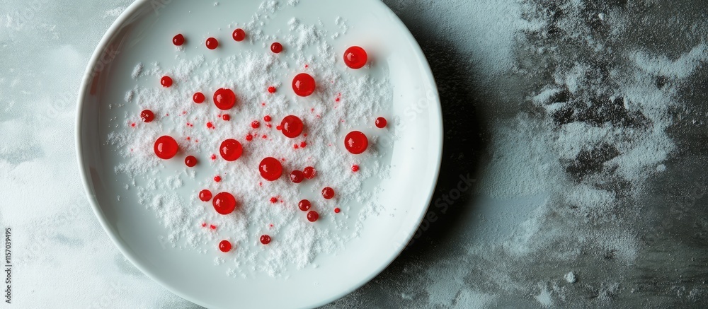 Poster elegant flat lay of a white plate adorned with vibrant red round decorations on a textured snowy bac