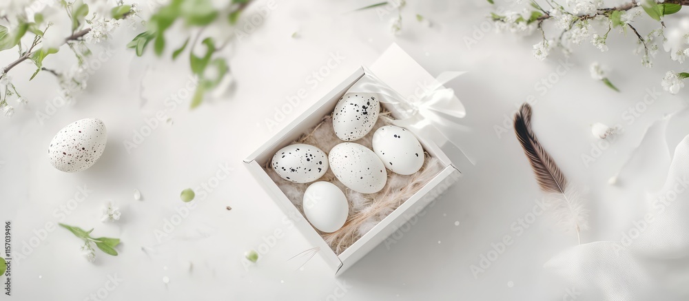 Poster easter spring still life with quail and hen eggs in decorative box featuring feathers and greenery o