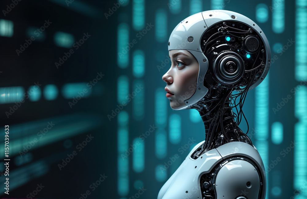 Poster Futuristic cyborg girl profile view. AI tech concept. Girl robot thinks about future tech. Girl with robotic parts, visible tech. Abstract representation of future of intelligence. Innovation in