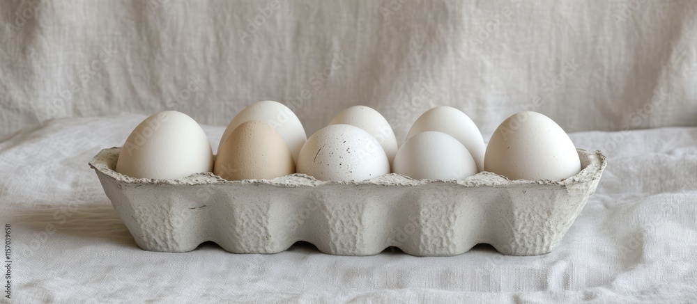 Poster fresh white chicken eggs arranged in a ceramic carton holder on a soft linen background with space f