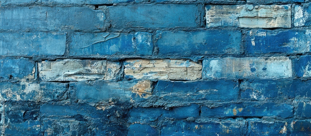 Poster Weathered blue brick wall with stone textures perfect for web design and mobile backgrounds showcasing rustic charm and unique patterns