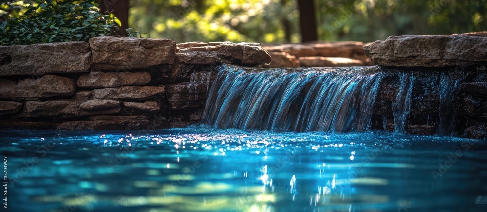 Poster tranquil water stream flowing into a serene blue pool at a fitness center ideal for relaxation and u