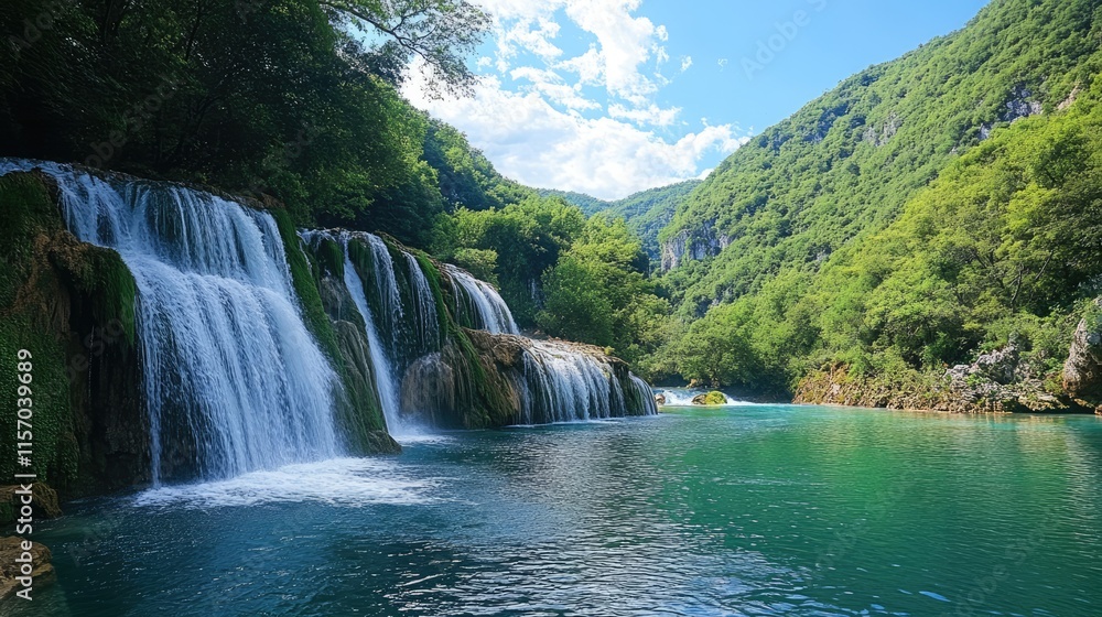 Poster scenic waterfall cascading into a serene pool surrounded by lush greenery in a national park setting
