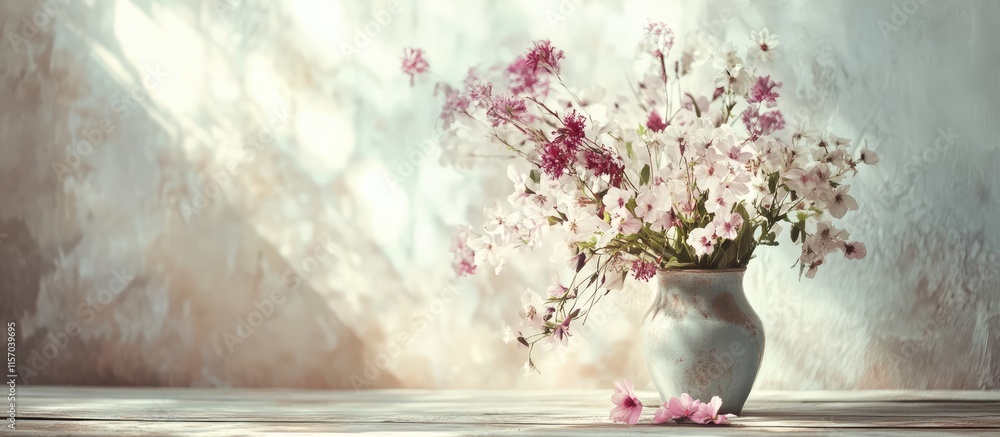 Poster vintage floral centerpiece in a rustic vase on a weathered table with soft pastel background and gen