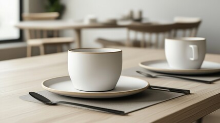 Minimalist dining setup with coffee cups.