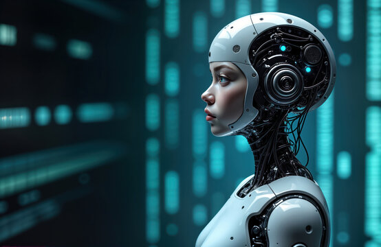 Futuristic cyborg girl profile view. AI tech concept. Girl robot thinks about future tech. Girl with robotic parts, visible tech. Abstract representation of future of intelligence. Innovation in