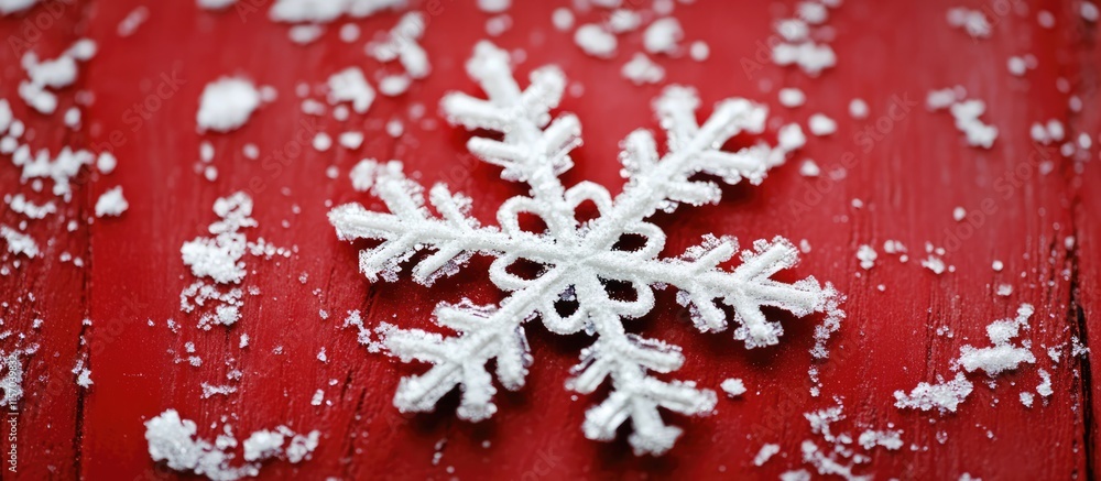 Poster snowflake resting on a vibrant red surface with scattered snow, showcasing winter beauty and seasona