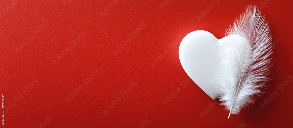 Aufkleber white heart with soft feather on vibrant red backdrop symbolizing love purity and affection in a rom
