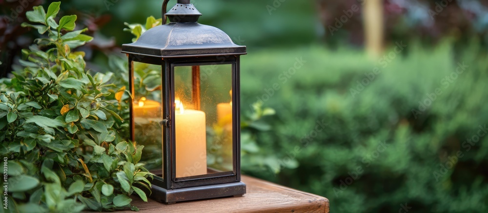Aufkleber vintage lantern illuminated by candlelight surrounded by lush greenery creating a nostalgic and warm