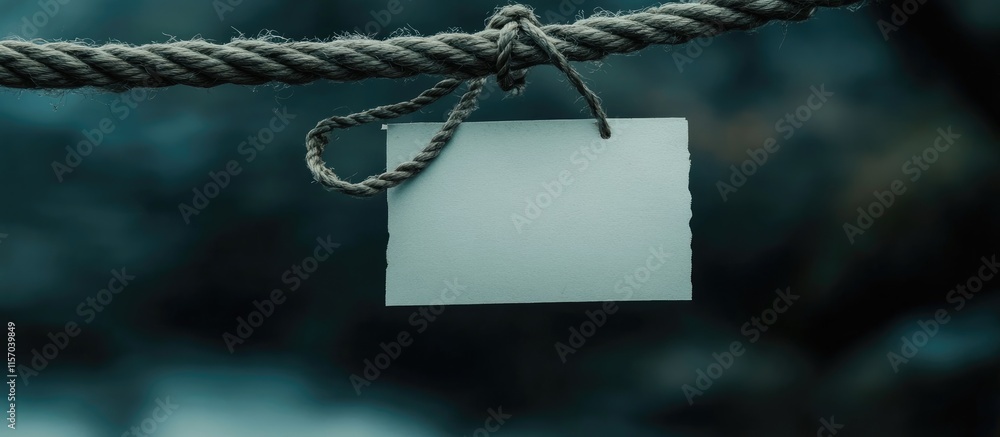 Poster blank note card hanging on a natural rope against a blurred background for customizable messages or 