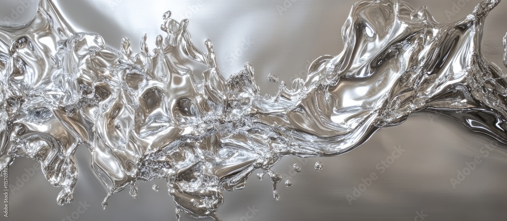 Poster Fluid dynamics of shimmering water with splashes and reflections in a polished silver backdrop creating an elegant abstract design