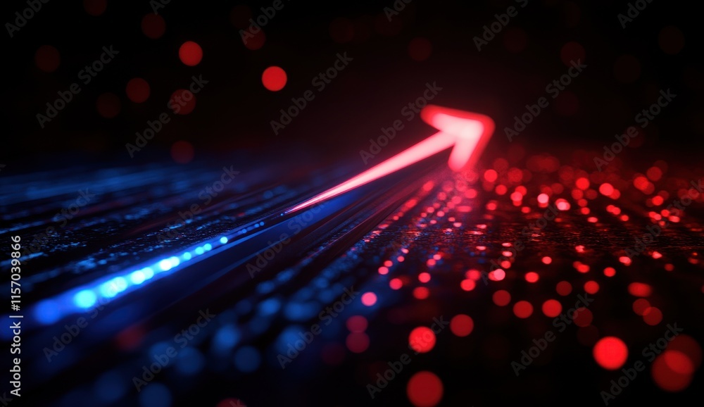Poster red arrow ascending neon digital data stream blue background