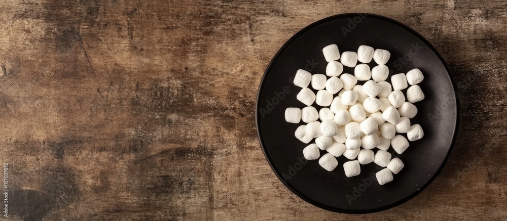 Poster white mini marshmallows elegantly arranged on a black plate with a rustic wooden backdrop perfect fo